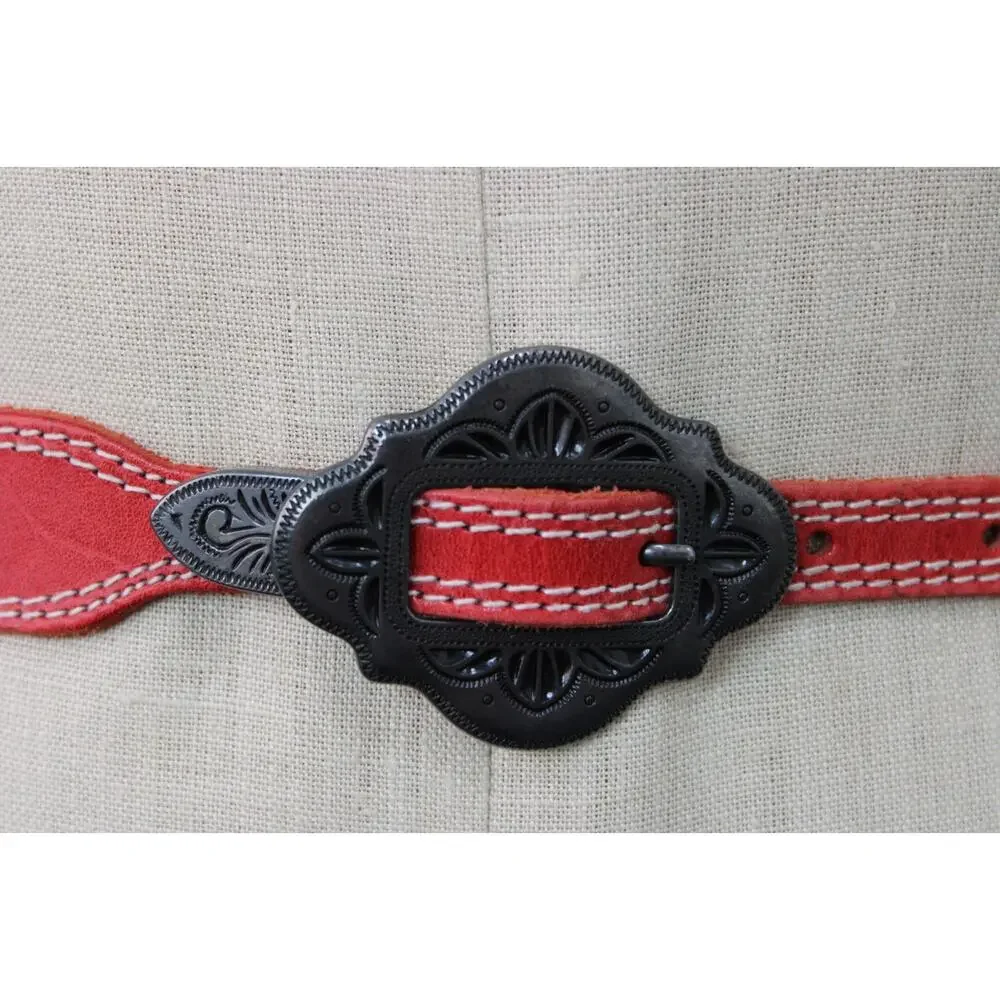 Vintage 80’s Liz Claiborne Stitched Red Leather Belt Western Women's Medium
